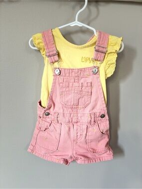 🌸 Garanimals Baby Girl 18M Pink Denim Shortalls + Yellow Top Set